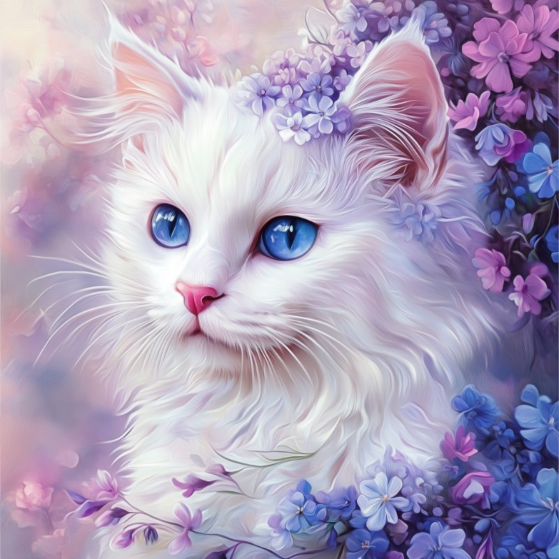 Vit katt med blommor